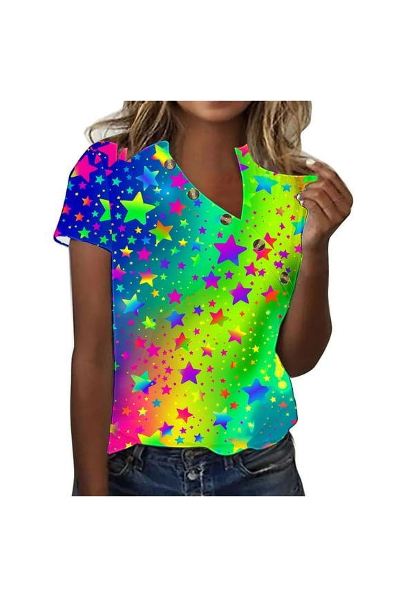 Plus Size Womens Shirt Short Sleeve Button Crew Neck Shirt Colorful Print Top for Women 2025 Loose Fits T Shirt Summer Tee Shirts Going Out Top 4X 5X