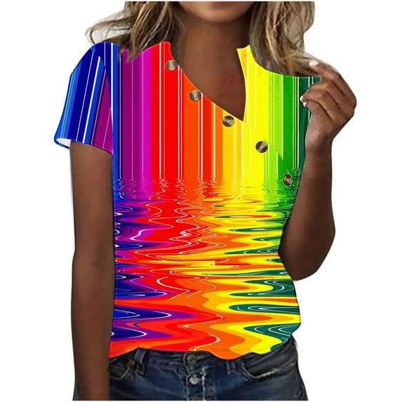 HaoXianJian Plus Size Womens Shirt Short Sleeve Button Crew Neck Shirt Colorful Print Top for Women 2025 Loose Fits T Shirt Summer Tee Shirts Going Out Top 4X 5X