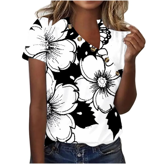 HaoXianJian Plus Size Womens Shirt Short Sleeve Button Crew Neck Shirt Floral Top for Women 2025 Loose Fits T Shirt Summer Tee Shirts Going Out Top