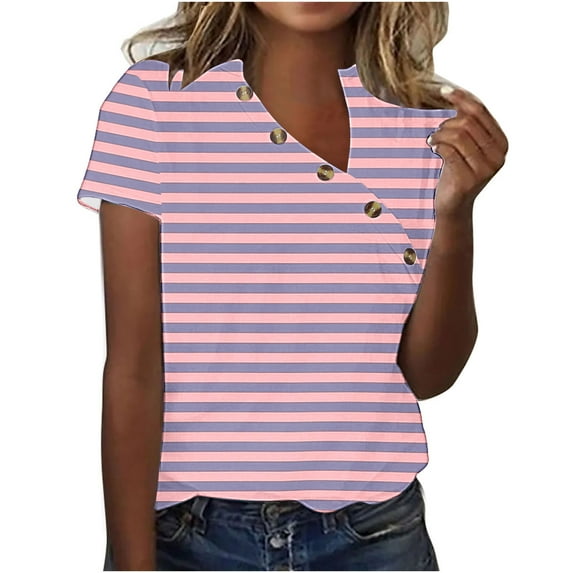HaoXianJian Plus Size Womens Shirt Short Sleeve Button Crew Neck Shirt Stripe Print Top for Women 2025 Loose Fits T Shirt Summer Tee Shirts Going Out Top 4X 5X