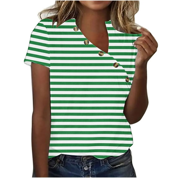 HaoXianJian Plus Size Womens Shirt Short Sleeve Button Crew Neck Shirt Stripe Print Top for Women 2025 Loose Fits T Shirt Summer Tee Shirts Going Out Top 4X 5X