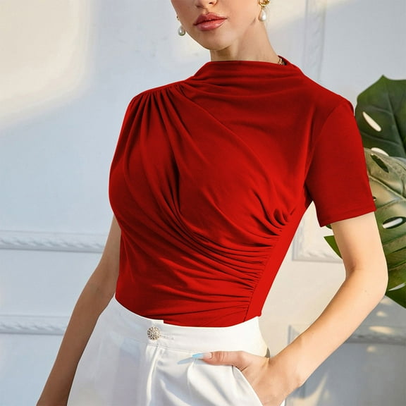 HaoXianJian Plus Size Womens Shirts Ruffled Spring Tops for Women Summer Round Neck Short Sleeve Shirts Solid Color Blouse Casual Going Out Tops for Women Slim Fits Basic Tees S-4X