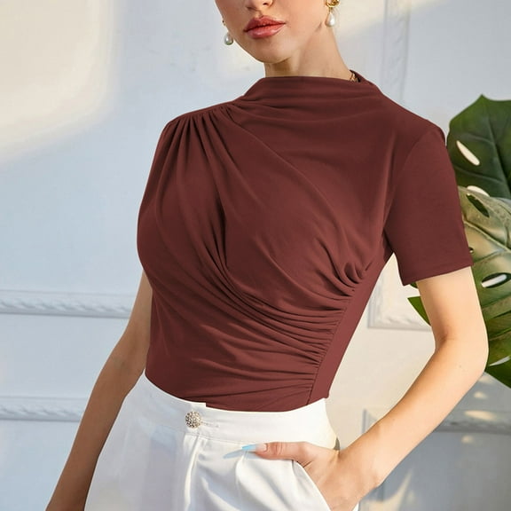 HaoXianJian Plus Size Womens Shirts Ruffled Spring Tops for Women Summer Round Neck Short Sleeve Shirts Solid Color Blouse Casual Going Out Tops for Women Slim Fits Basic Tees S-4X