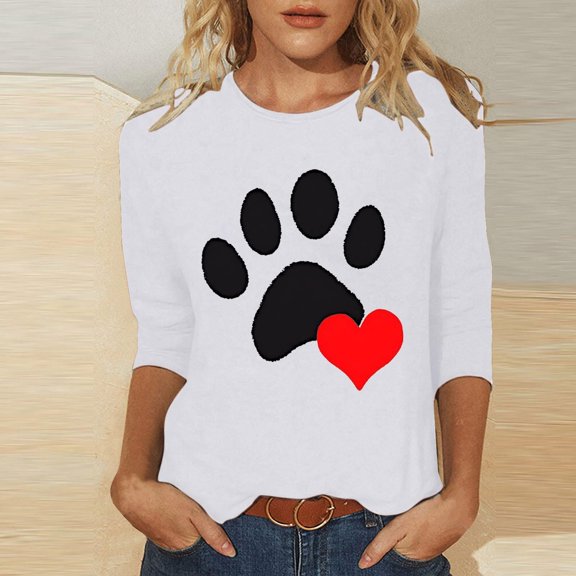 HaoXianJian Shirt for Women Dog Paw Print Heart For Valentines Day T-Shirt Round Neck Pullover Loose Long 3/4 Sleeve Sweater Top Size S-2X