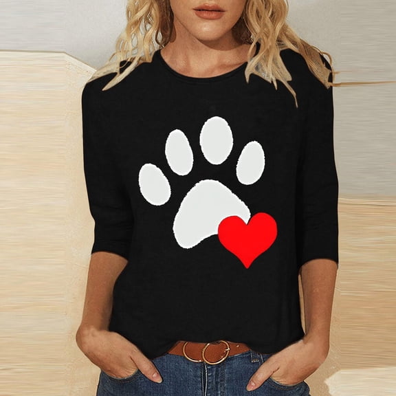 HaoXianJian Shirt for Women Dog Paw Print Heart For Valentines Day T-Shirt Round Neck Pullover Loose Long 3/4 Sleeve Sweater Top Size S-2X