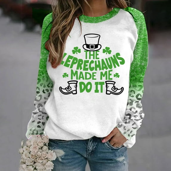 HaoXianJian Shirts for Women St Patricks Day 2025 Casual Long Sleeve Sweatshirt Shamrock Graphic T-shirt Green Saint Irish Letter Leopard Print Patty's Tunic Tops Plus Size 4X 5X