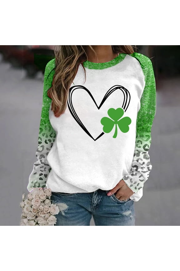 Shirts for Women St Patricks Day 2025 Casual Long Sleeve Sweatshirt Shamrock Graphic T-shirt Green Saint Irish love Leart Leopard Print Patty's Tunic Tops Plus Size 4X 5X Valentine's Day