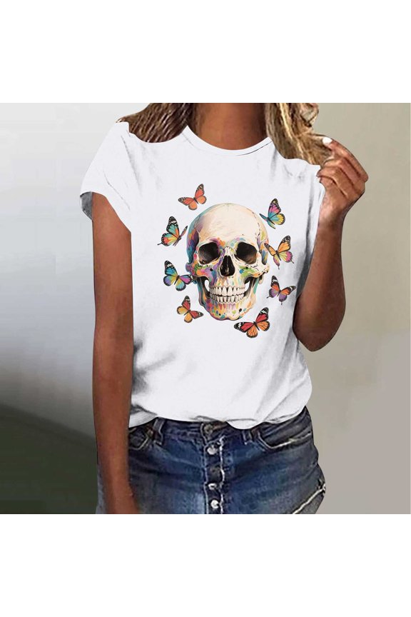 Skull Shirt for Women 2025 Vintage Skeleton Graphic Tees Goth Punk Rock T Shirts Novelty Horror Tee Tops Going Out Tops for Women Lightweight Tops & Blouses S-XX