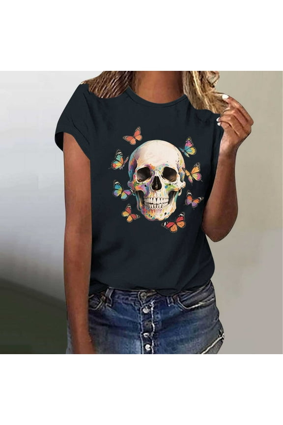 Skull Shirt for Women 2025 Vintage Skeleton Graphic Tees Goth Punk Rock T Shirts Novelty Horror Tee Tops Going Out Tops for Women Lightweight Tops & Blouses S-XX