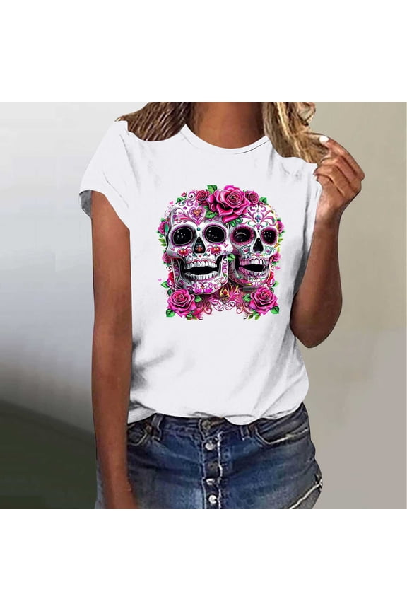 Skull Shirt for Women Graphic Tees Vintage Gothic Graphic T Shirt Novelty Skeleton Hocus Pocus T-Shirt Top Summer Blouses for Women 2025 Short Sleeve T Shirt