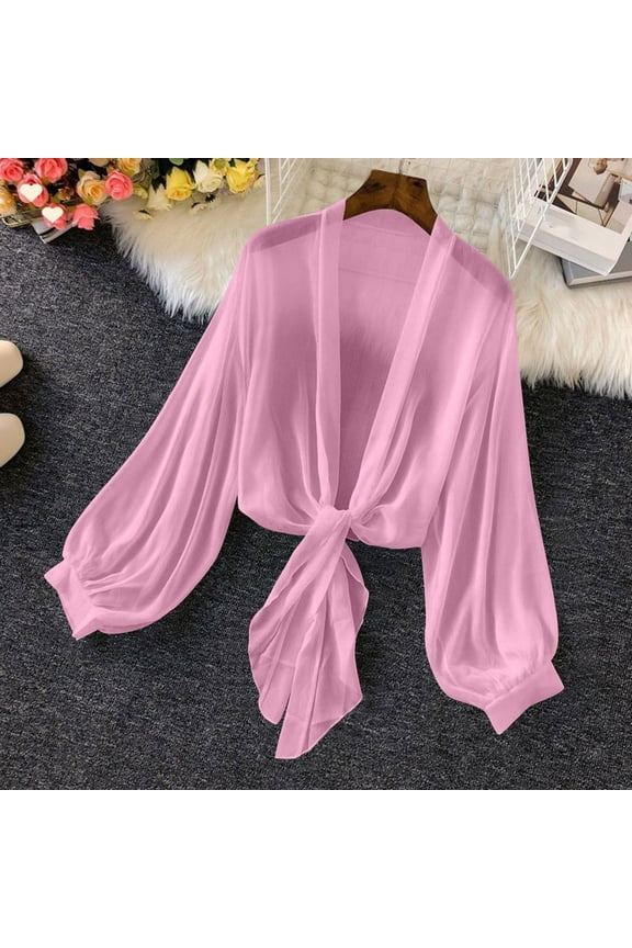 Solid Women's Tie Front Long Sleeve Cropped Cardigan Mesh Lightweight Hawaiian Print Sun Protection Sweaters Short Shawl Tops Chiffon Soft Jackets