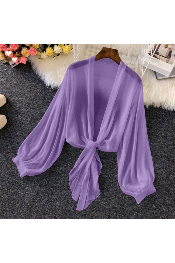 Solid Women's Tie Front Long Sleeve Cropped Cardigan Mesh Lightweight Hawaiian Print Sun Protection Sweaters Short Shawl Tops Chiffon Soft Jackets