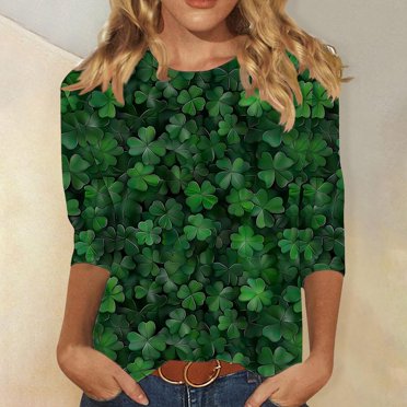 Funny St Patrick's Day Shirt For Women 2025 - Green Shamrock Print Long Sleeve Blouse