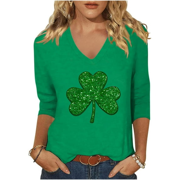 HaoXianJian St Patricks Day Shirts for Women V-Neck 2025 Casual 3/4 Sleeve Irish Glitter Shamrock Graphic T-shirt Green Saint Patty's Tunic Tops Plus Size 4X 5X