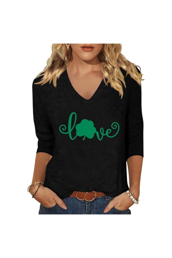 St Patricks Day Shirts for Women V-Neck 2025 Casual 3/4 Sleeve Irish Love Heart Shamrock Graphic T shirt Green Saint Patty's Tunic Tops Plus Size 4X 5X Valentine's Day