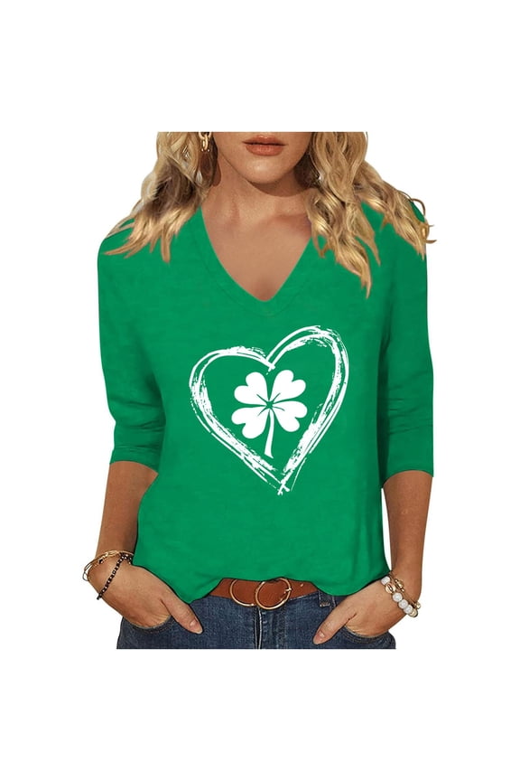 St Patricks Day Shirts for Women V-Neck 2025 Casual 3/4 Sleeve Irish Love Heart Shamrock GraphicT shirt Green Saint Patty's Tunic Tops Plus Size 4X 5X Valentine's Day