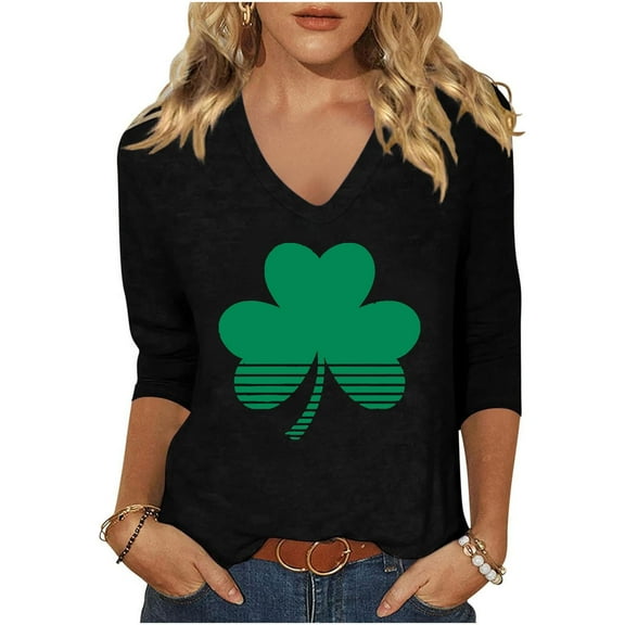 HaoXianJian Patricks Day Shirts for Women 2025 sual 3/4 Sleeve Irish Shamrock Graphic T-shirt Green Saint Patty's Tunic Tops Plus Size 4X 5X