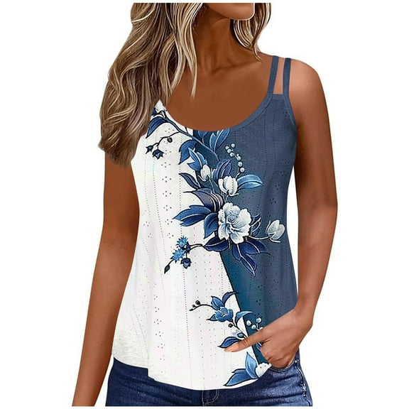 HaoXianJian Summer Womens Summer Tank Top Floral Print Tee Round Neck Sleeveless Top for Women Casual Flowy 2025