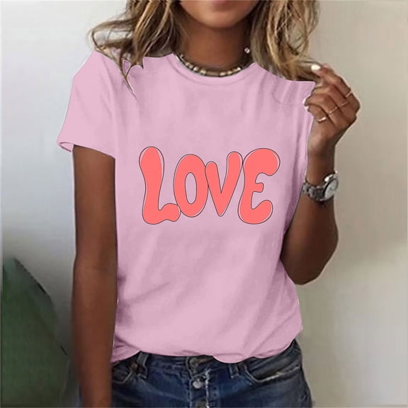 HaoXianJian Valentine's Day Shirt for Women Heart Print Short Sleeve Crew Neck Sweat Shirts Loose Fits Letter Print Graphic Pullover Tee Tops Casual Girl Friend Gift T Shirt Size 2X 3X