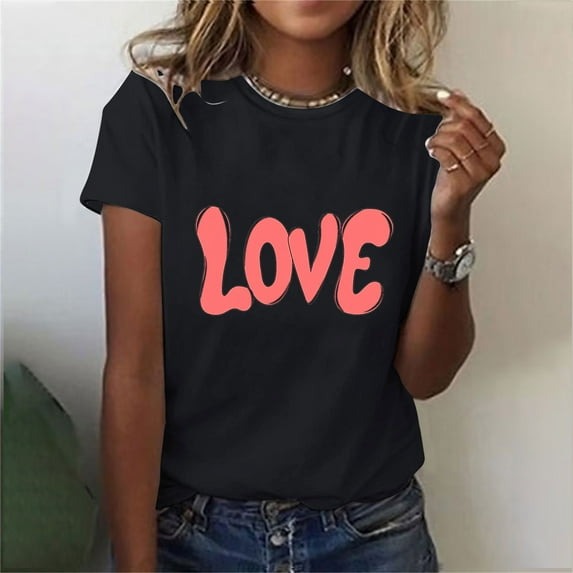 HaoXianJian Valentine's Day Shirt for Women Heart Print Short Sleeve Crew Neck Sweat Shirts Loose Fits Letter Print Graphic Pullover Tee Tops Casual Girl Friend Gift T Shirt Size 2X 3X