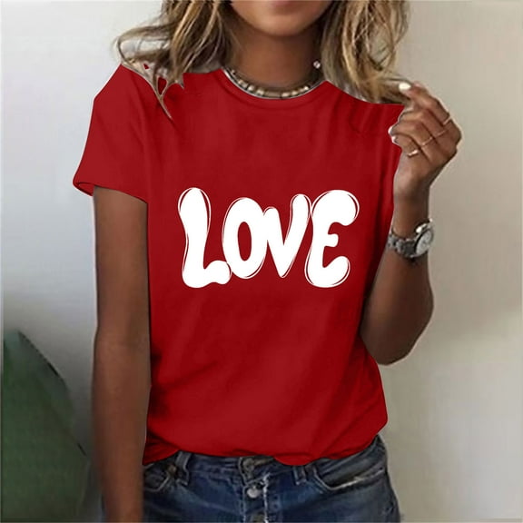 HaoXianJian Valentine's Day Shirt for Women Heart Print Short Sleeve Crew Neck Sweat Shirts Loose Fits Letter Print Graphic Pullover Tee Tops Casual Girl Friend Gift T Shirt Size 2X 3X