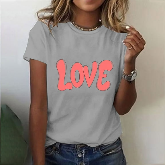 HaoXianJian Valentine's Day Shirt for Women Heart Print Short Sleeve Crew Neck Sweat Shirts Loose Fits Letter Print Graphic Pullover Tee Tops Casual Girl Friend Gift T Shirt Size 2X 3X