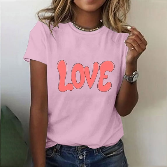 HaoXianJian Valentine's Day Shirt for Women Heart Print Short Sleeve Crew Neck Sweat Shirts Loose Fits Letter Print Graphic Pullover Tee Tops Casual Girl Friend Gift T Shirt Size 2X 3X