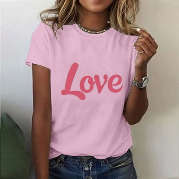 HaoXianJian Valentine's Day Shirt for Women Heart Print Short Sleeve Crew Neck Sweat Shirts Loose Fits Letter Print Graphic Pullover Tee Tops Casual Girl Friend Gift T Shirt Size 2X 3X