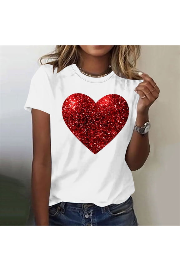 Valentine's Day Shirt for Women Glitter Love Heart Printed T-Shirt Top Short Sleeve Tee Crew Neck Casual Blouse Tops Size S-2X