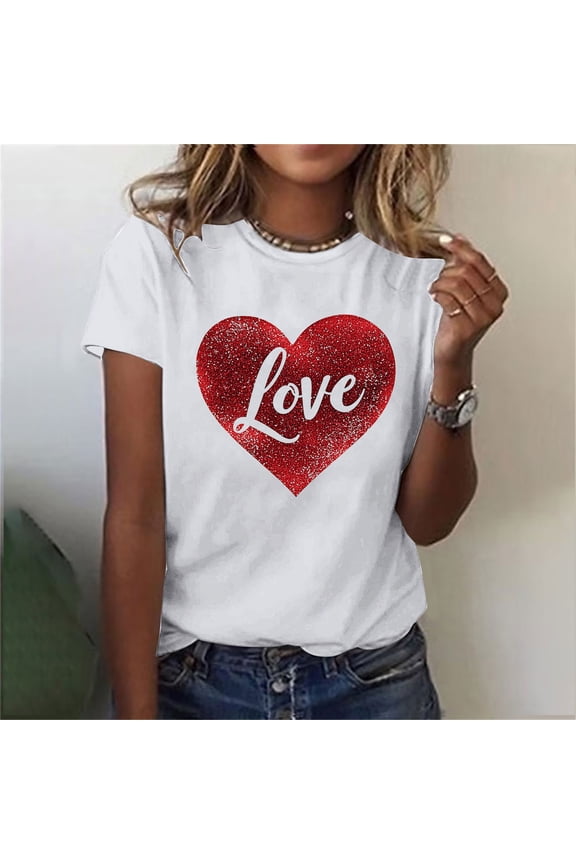 Valentines Day Shirts Women Cute Heart Print Shirt Casual Valentines Top for Women Short Sleeve Love Letter Graphic Tees Tops Crewneck Pullover T-Shirts Size 2X 3X