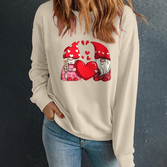 HaoXianJian Valentines Day Shirts Women's Cute Print Long Sleeve Crew Neck Tee Shirts Casual Funny Tees Graphic T-Shirt