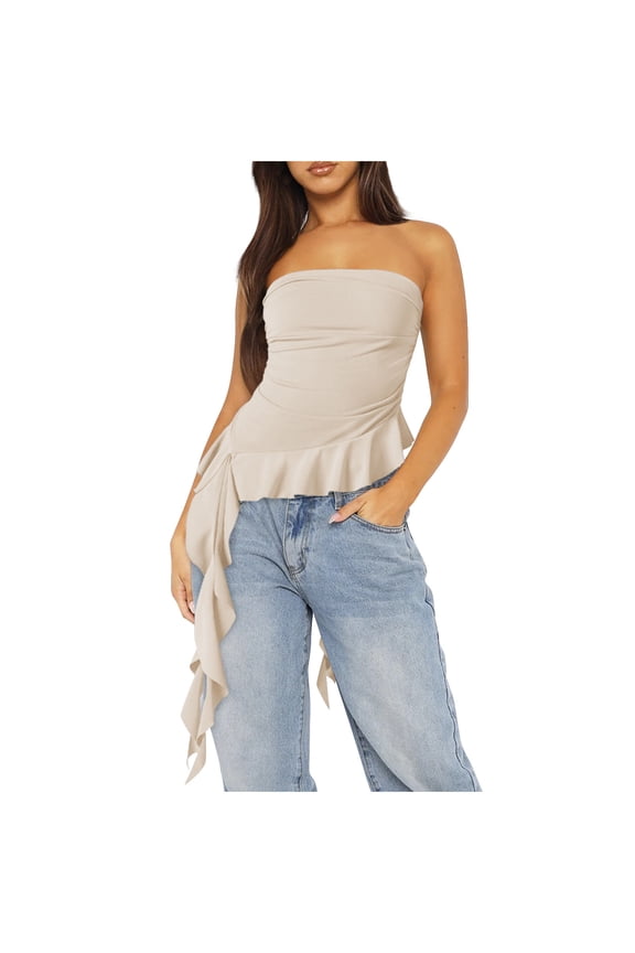Women Strapless Top Ruffled Asymmetrical Hem Tube Top Sleeveless Ruched Bandeau Cami Tanks