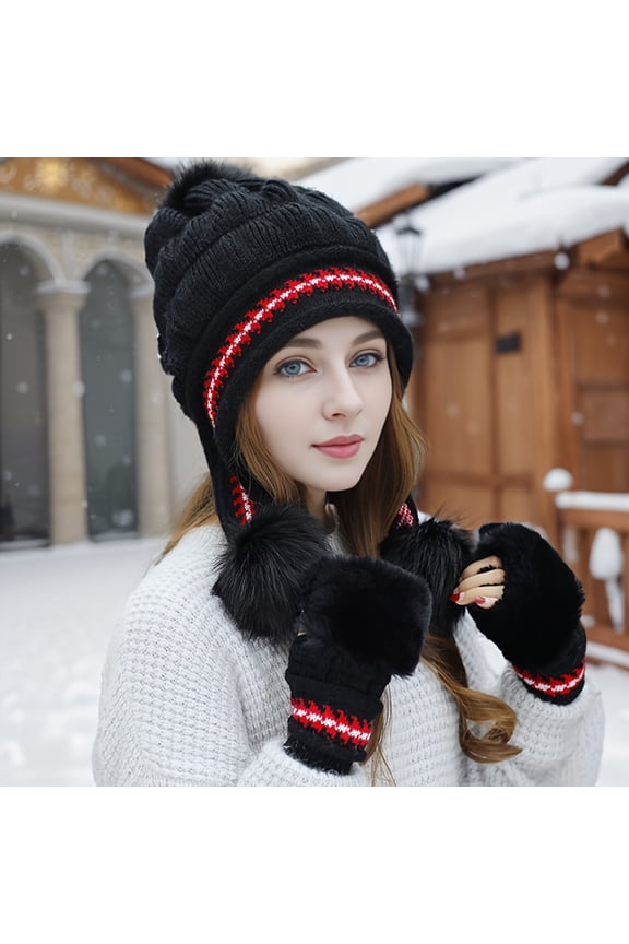 Women Winter Beanie Hats Cover Ears Warm Thicken Fleece Fuzzy Lined Knit Hat Cap Ski Snow Hat Large Head 2 pompon