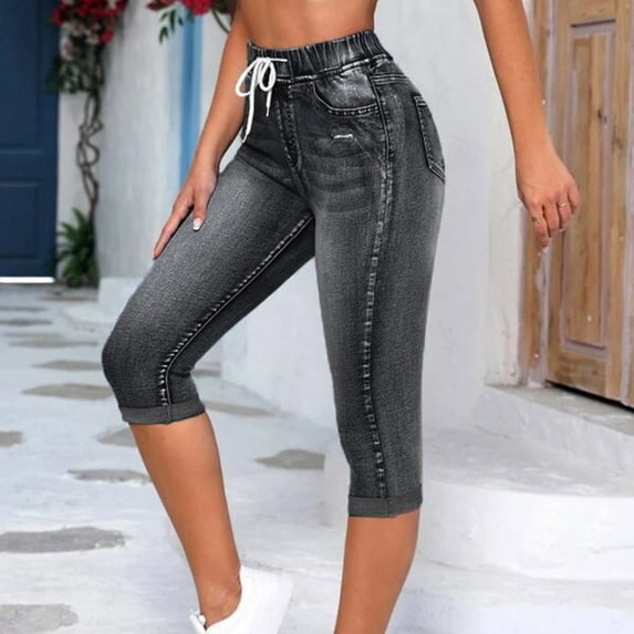 HaoXianJian Women's Casual Long Jean Shorts Elasticated Waisted Tight-Fitting Denim Shorts Stretchy Jean Short Slim Fits with Pockets