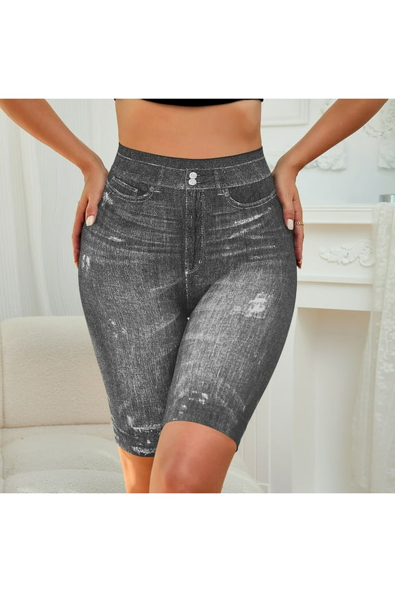 Women's Casual Long Jean Shorts Elasticated Waisted Tight-Fitting Denim Shorts Stretchy Knee Length Jean Shorts Jean Short Slim Fits with Pockets Underwaer