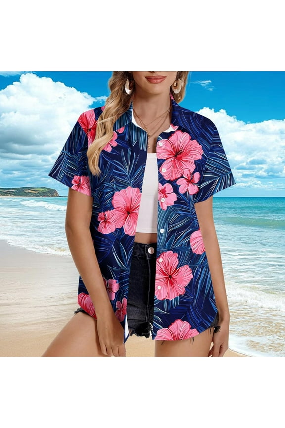 Women's Hawaiian Button Up Shirts Casual Short Sleeve Going Out Tops Floral Tropical Print V Neck T-Shirt Summer Blouse Tunic Top Beach Tshirt Plus Size L-5X