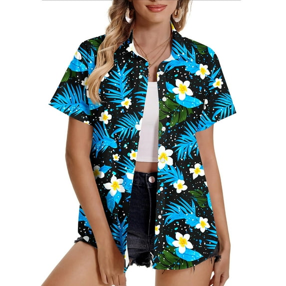 HaoXianJian Women's Hawaiian Button Up Shirts Casual Short Sleeve Going Out Tops Floral Tropical Print V Neck T-Shirt Summer Blouse Tunic Top Beach Tshirt Plus Size L-5X