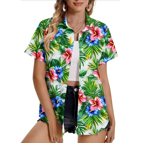 HaoXianJian Women's Hawaiian Button Up Shirts Casual Short Sleeve Going Out Tops Floral Tropical Print V Neck T-Shirt Summer Blouse Tunic Top Beach Tshirt Plus Size L-5X