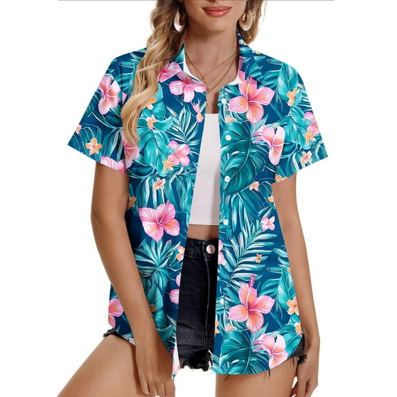HaoXianJian Women's Hawaiian Button Up Shirts Casual Short Sleeve Going Out Tops Floral Tropical Print V Neck T-Shirt Summer Blouse Tunic Top Beach Tshirt Plus Size L-5X