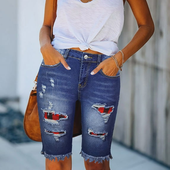 HaoXianJian Women's Jean Long Shorts Casual HIght Waist Stretch Denim Shorts Cutout, Hot Pants Cut Off Ripped Nightclub Beach Shorts Party Clubwear Hot Pants
