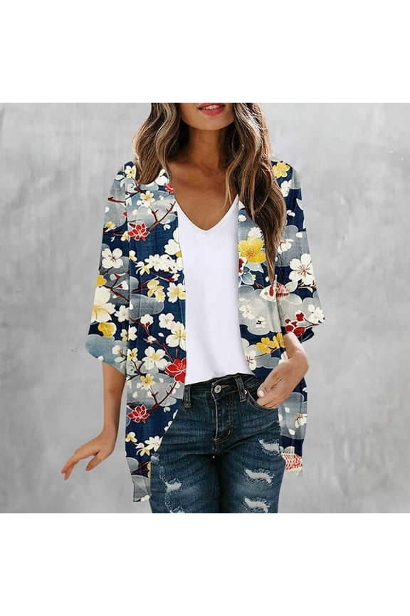 Women's Lightweight Sheer Shrugs Cardigans Open Front Casual Long Sleeve Floral Print Sun Protection Spring Top Sweaters Short Shawl Top Summer Jackets S-XXL
