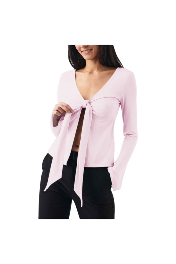 Women's Long Bell Sleeves Top Solid Color V Neck Shirts Chest Bindings 2025 Slim Fits T Shirt Y2k Going Out Crop Top Cute Tight Shirts