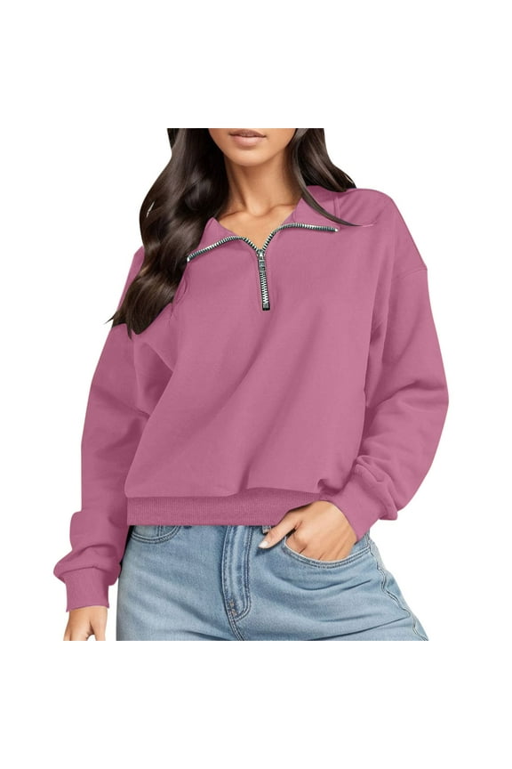 Women's Long Sleeve Tops Crew Neck T Shirts Zipper Solid/Color Collared Shirts Quarter-Zipper Top Stand Collar Sweatshirts 2025 Casual Ladies Pullover Shirts Tops Loose Fits S-XXL