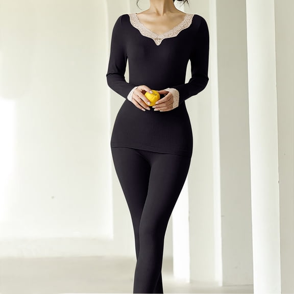 HaoXianJian Women's Long Sleeve V-Neck Fleece Lined Base Layer Top Layer Top and Bottom Soft Cold Weather Pajama Sets