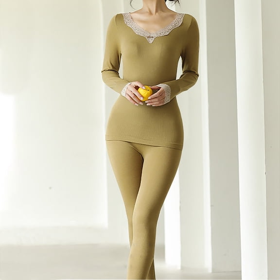 HaoXianJian Women's Long Sleeve V-Neck Fleece Lined Base Layer Top Layer Top and Bottom Soft Cold Weather Pajama Sets