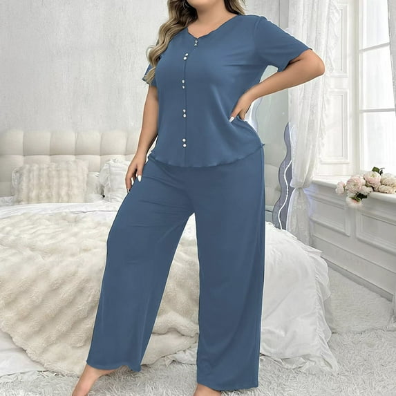 HaoXianJian Women's Plus Size 2 Piece Pajama Short Sleeve Tee Shirt and Pants Crew-Neck Pjs Solid Color Loungewear T Shirt and Lounges Pants Sleepwear