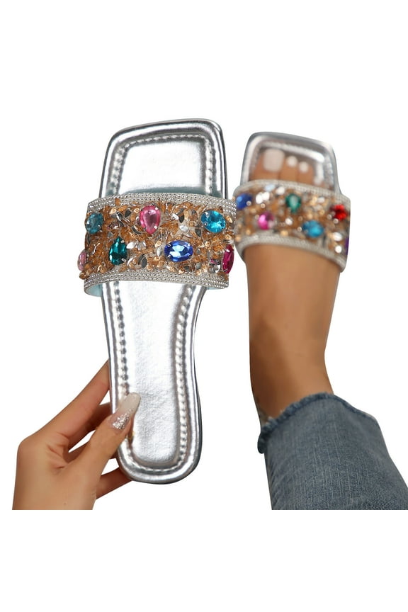 Women's Rhinestone Beaded Flats Bling Slip on Open Toe Slide Sandals Summer Slippers Dressy Slip on Outdoor Slippers Softable Shoes