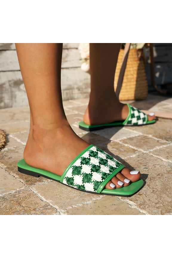 Women's Ruched Squares Open Toe Slide Sandals Plaid Trendy Flat Sandals Slippers Dressy Sandals, Slip-On Slippers for Summer, Daily Wear, Prom, and Party