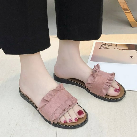 HaoXianJian Women's Ruffled Flat Sandals Open Toe Summer Dressy Slip on Slide Outdoor Slippers Softable Shoes
