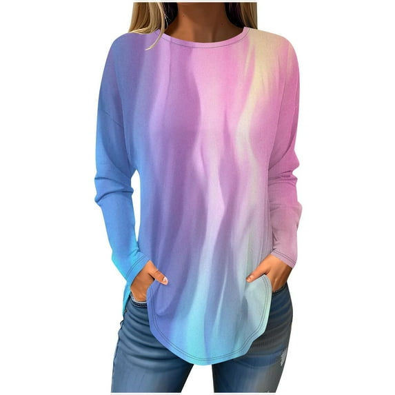 HaoXianJian Women's Shirts Long Sleeve Top Print Casual Loose Crew Neck T-shirt Drop Shoulder Shirt Spring Summer Basic Tees Fall Pullover Lightweight Fits